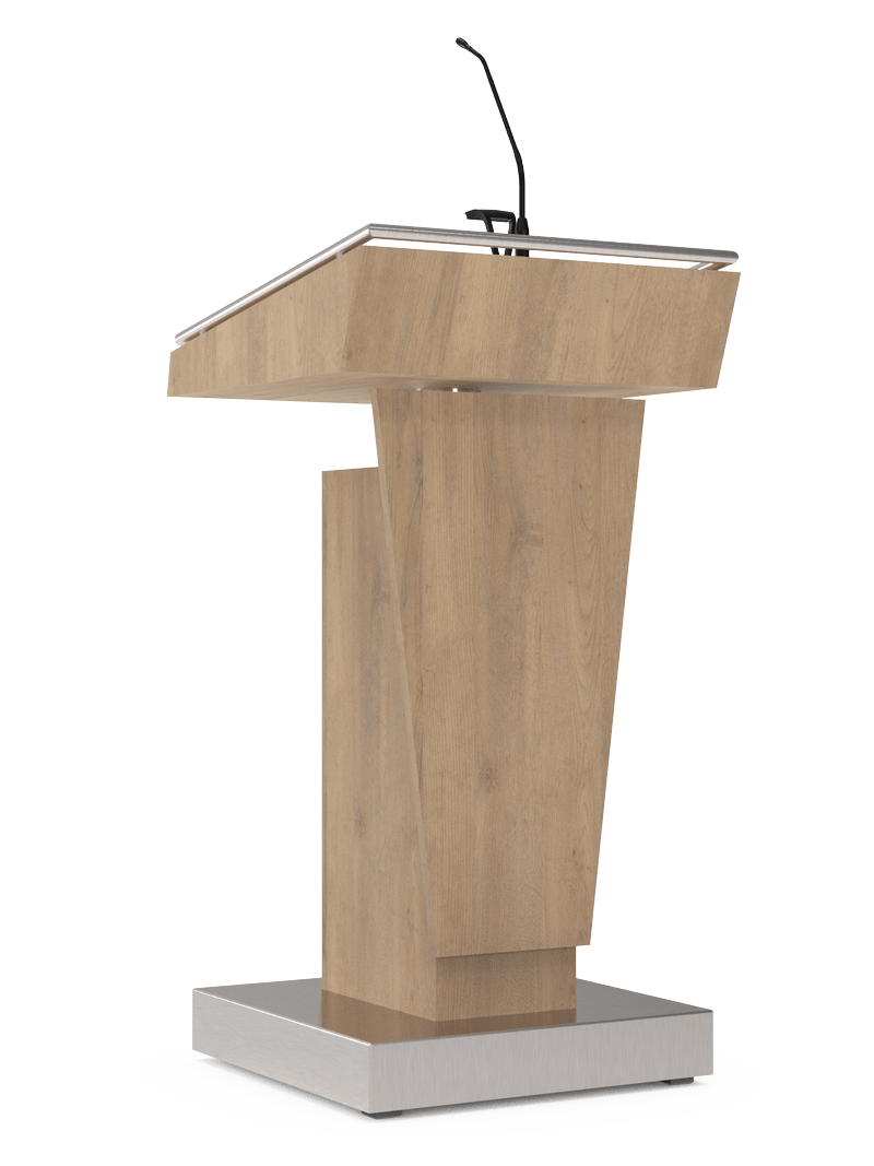 Höhenverstellbares Rednerpult aus Holz und Edelstahl.